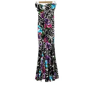 Vintage Y2K Cache Sz 0 Zebra Floral Print Strapless Maxi Formal Prom Dress Party